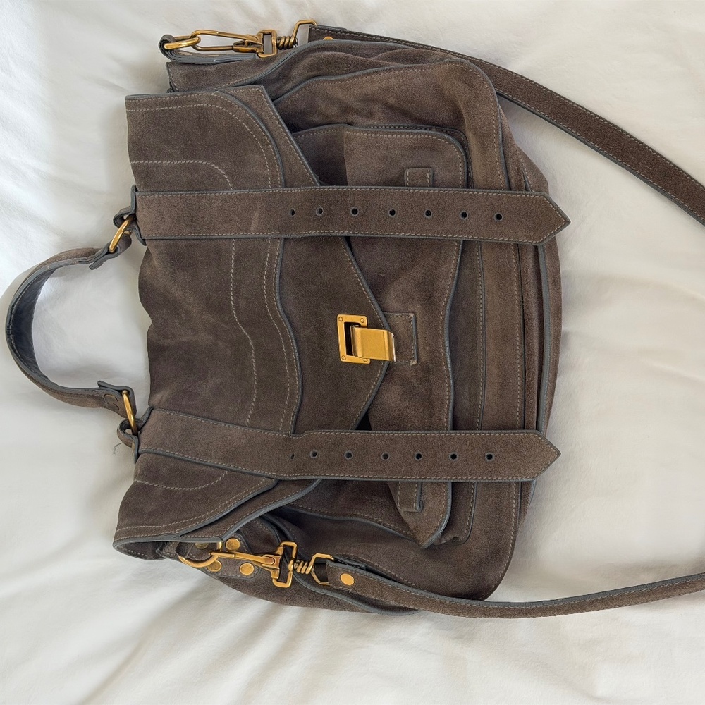 PROENZA SCHOULER PS1 suede gray satchel crossbody bag with gold hardware